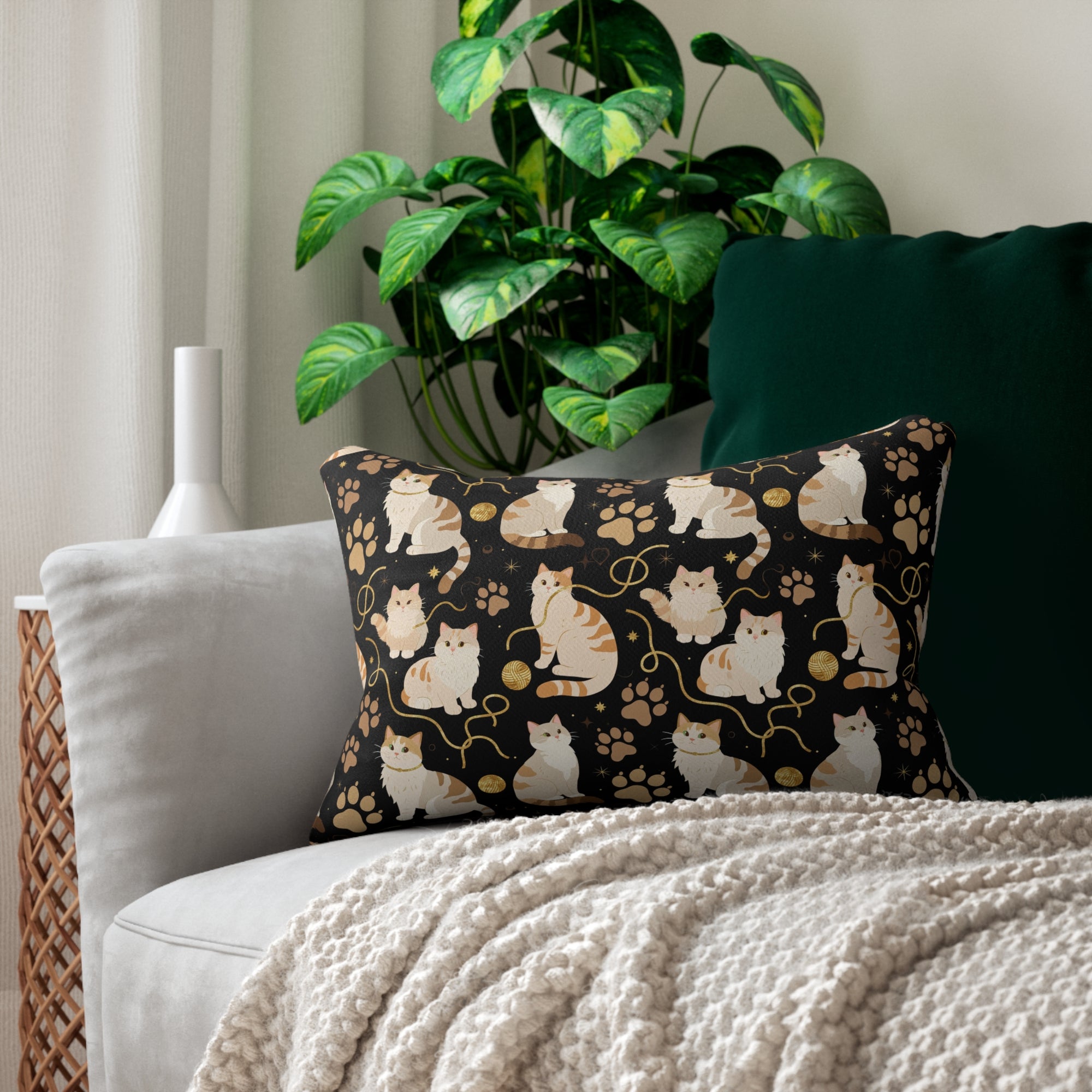 Indoor Lumbar Pillow - Elegant felines and sparkling gold yarn on black, adorable cats with golden paw prints, sophisticated pet motif, charming animal pattern, cozy and warm artistic illustration