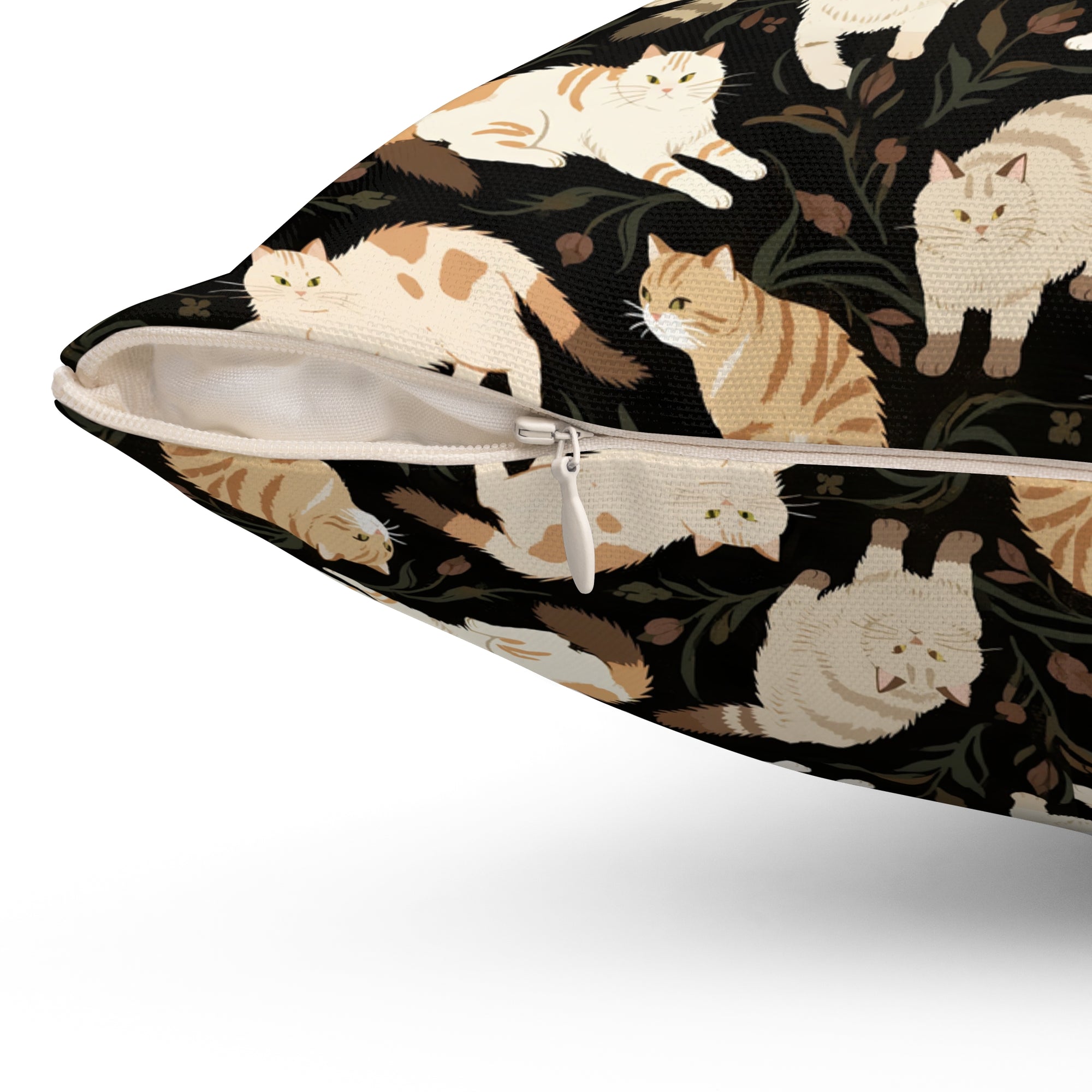 Indoor Square Pillow - Earthy Toned Cats Lounge and Play Amidst Dark Foliage in a Serene and Naturally Inspired Seamless Pattern Design
