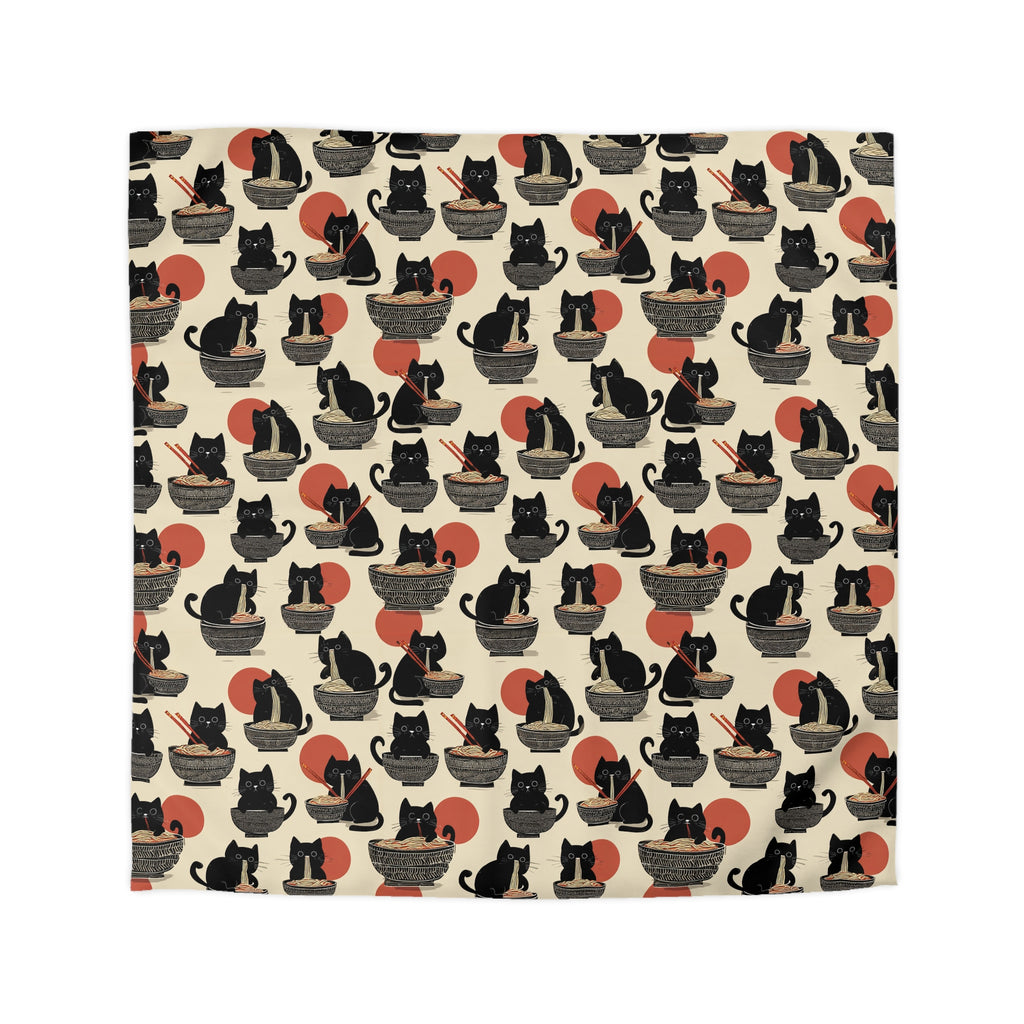 Duvet Cover - A whimsical and delightful hand-drawn style pattern of adorable black cats eating bowls of delicious ramen noodles with a large red sun in the background.