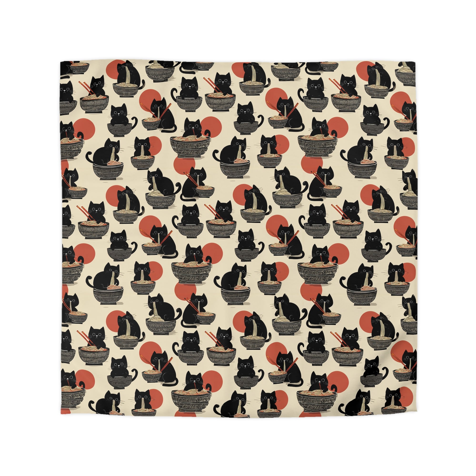Duvet Cover - A whimsical and delightful hand-drawn style pattern of adorable black cats eating bowls of delicious ramen noodles with a large red sun in the background.
