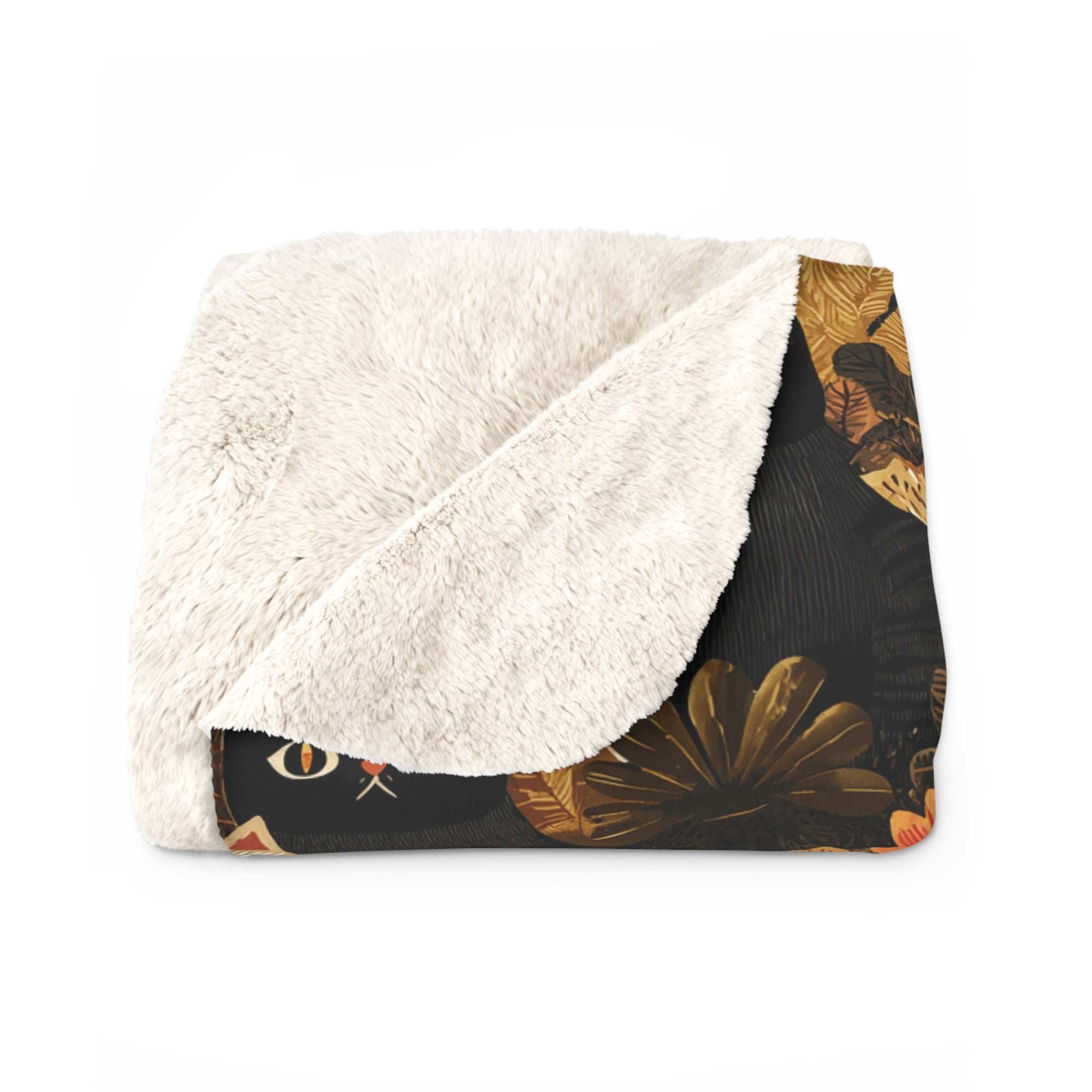 Sherpa Blanket - A dark and fantastical illustrative painting of many different cats and plants, creating a dense, mysterious, and golden jungle or forest scene.