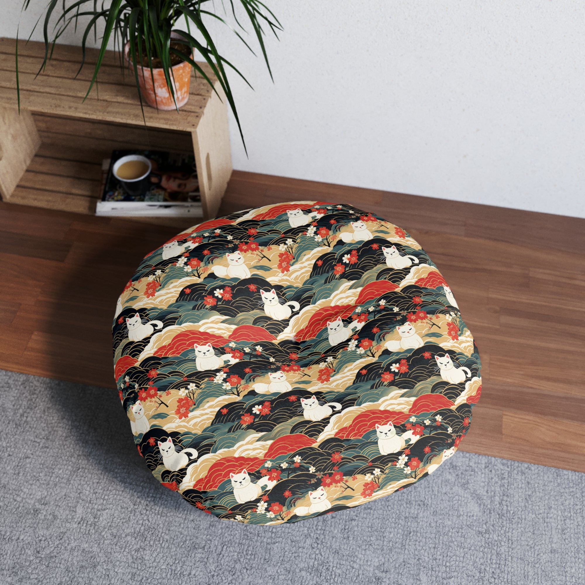 Indoor Round Floor Pillow - A beautiful, Japanese-inspired illustration of tranquil white cats resting on rolling clouds with vibrant red and white cherry blossoms.