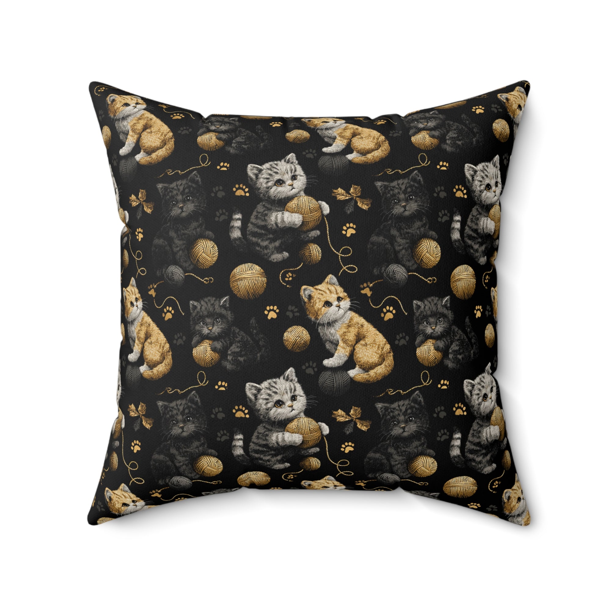 Indoor Square Pillow - Assorted Cute Kittens with Colorful Yarn Balls and Paw Prints on a Black Backdrop