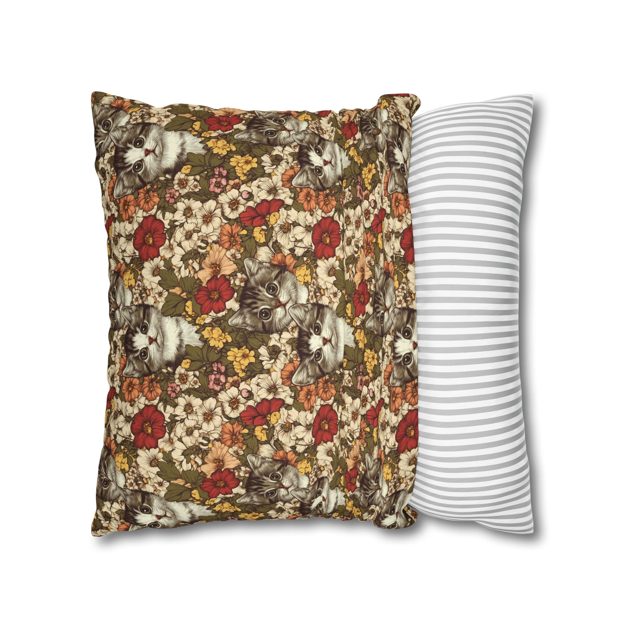 Square Pillowcase - Grey Tabby Kittens in a Garden of Red, Peach, and Yellow Flowers, Soft Vintage Style