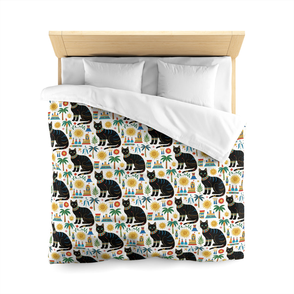 Duvet Cover - Majestic Black Egyptian Cats with Vibrant Adornments and Desert Motifs Create a Striking and Culturally Rich Design