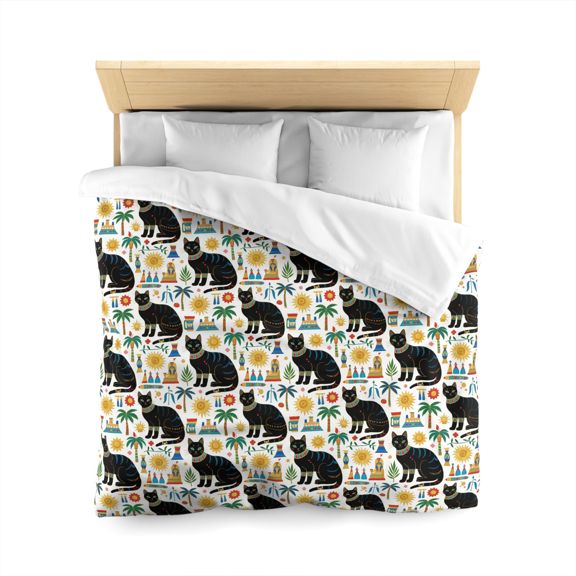 Duvet Cover - Majestic Black Egyptian Cats with Vibrant Adornments and Desert Motifs Create a Striking and Culturally Rich Design