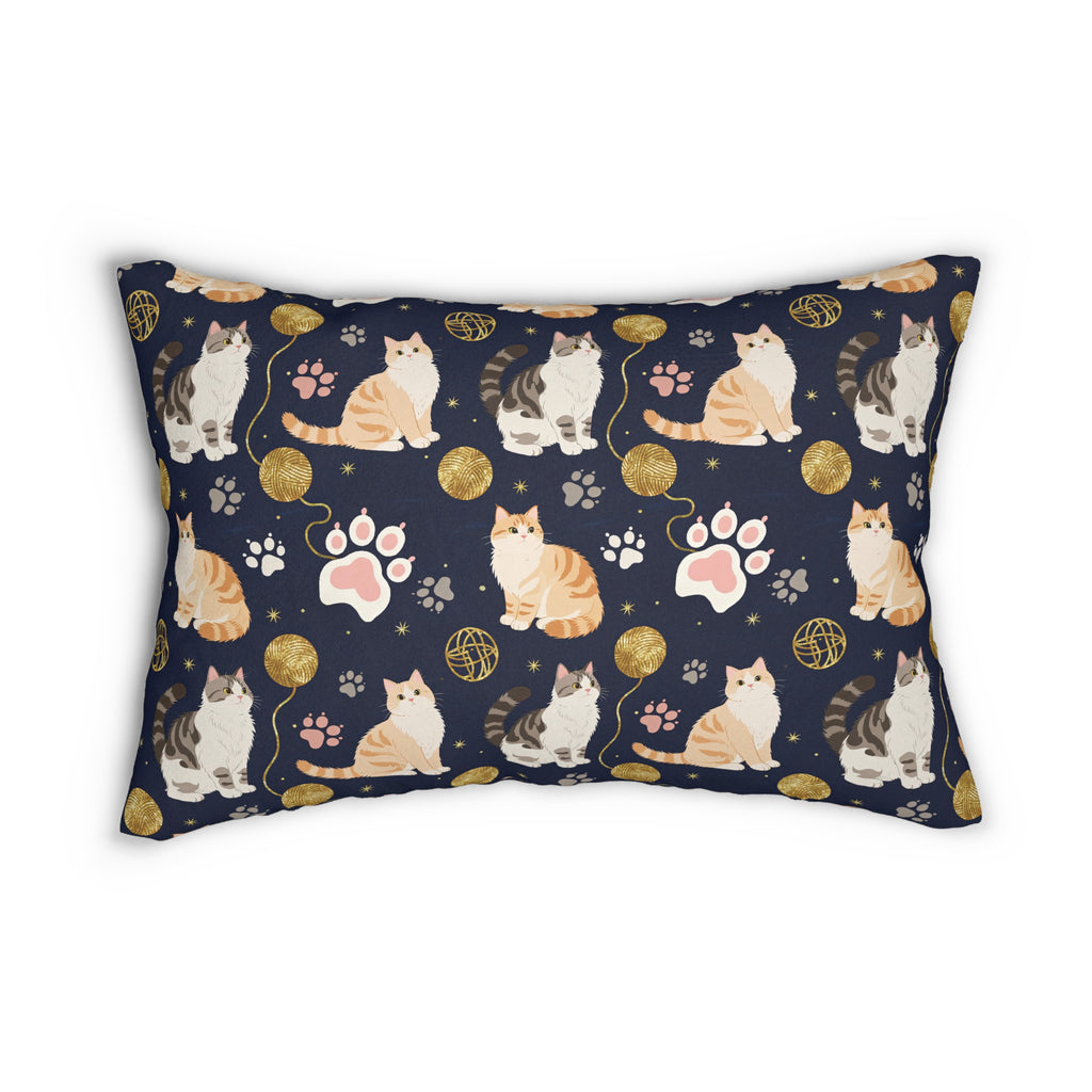 Indoor Lumbar Pillow - Charming cats and golden yarn playful design, cute kittens with paw prints, whimsical animal art for cat lovers, dark blue background, delightful pet themed illustration