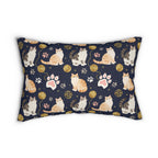 Indoor Lumbar Pillow - Charming cats and golden yarn playful design, cute kittens with paw prints, whimsical animal art for cat lovers, dark blue background, delightful pet themed illustration