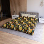 Duvet Cover - Golden Egyptian Cats with Pharaonic Headpieces Amidst Lush Palms and Lotus Flowers in an Exotic and Vibrant Scene