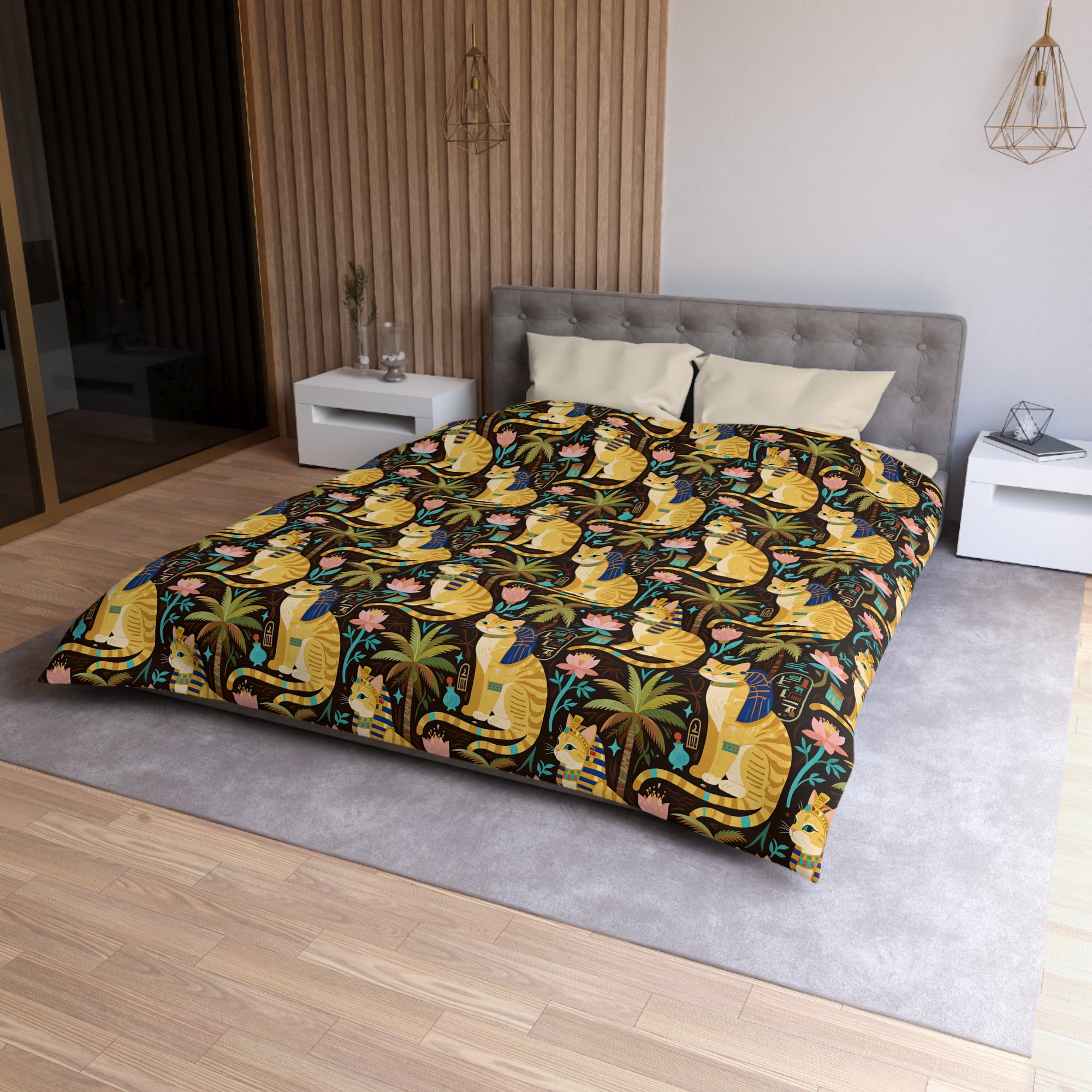 Duvet Cover - Golden Egyptian Cats with Pharaonic Headpieces Amidst Lush Palms and Lotus Flowers in an Exotic and Vibrant Scene