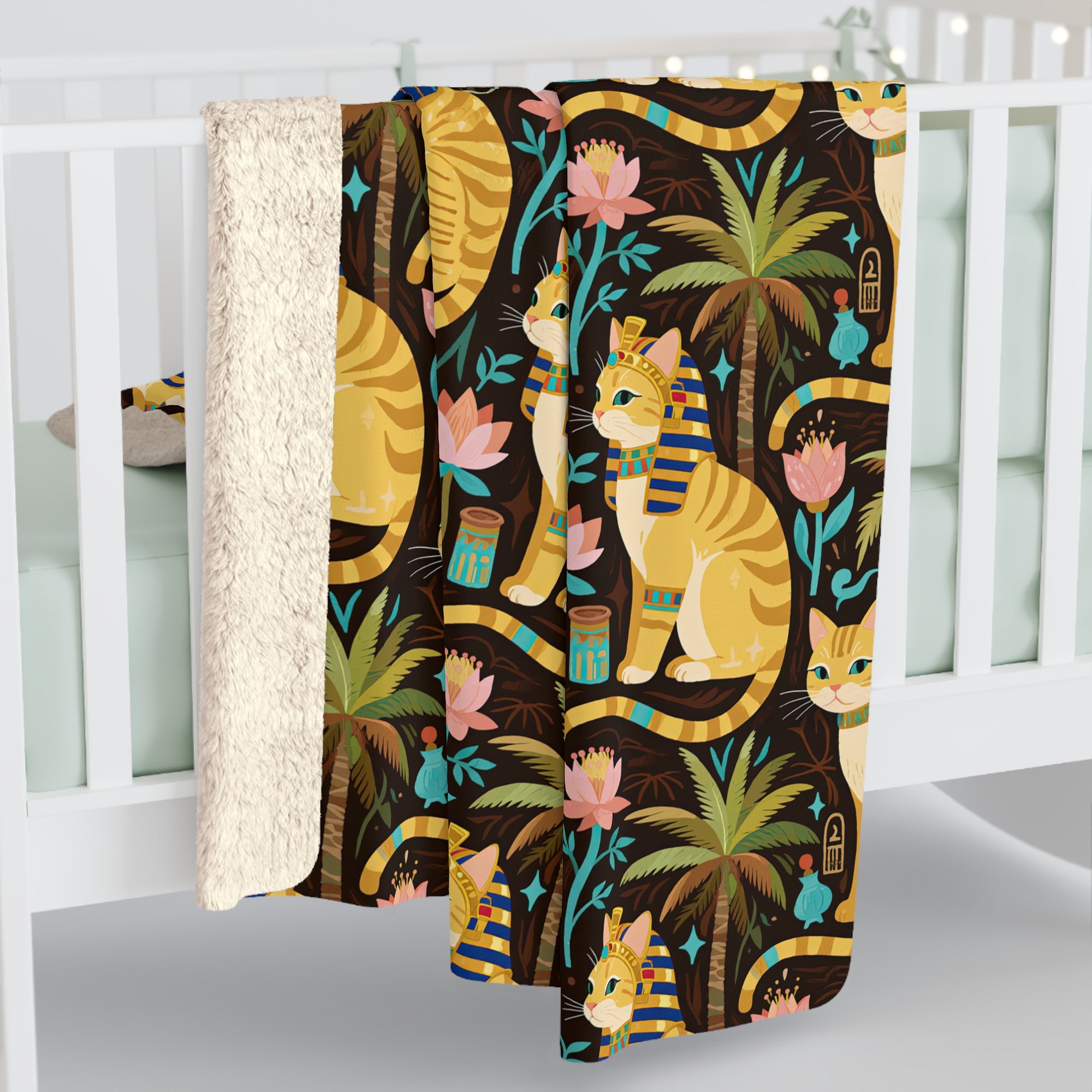 Sherpa Blanket - Golden Egyptian Cats with Pharaonic Headpieces Amidst Lush Palms and Lotus Flowers in an Exotic and Vibrant Scene