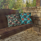 Outdoor Pillow - A dramatic and powerful Japanese woodblock print-style illustration of cats amidst powerful waves, red flowers, and white cherry blossoms.