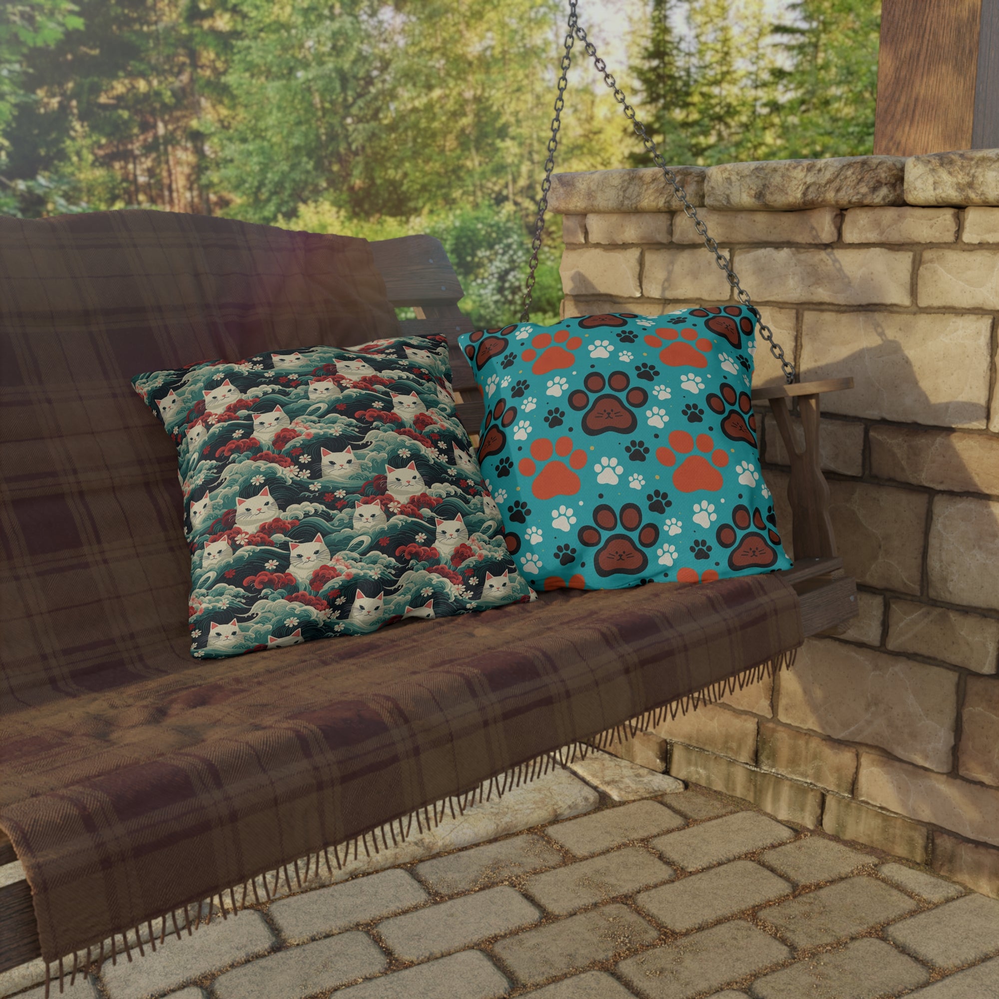 Outdoor Pillow - A dramatic and powerful Japanese woodblock print-style illustration of cats amidst powerful waves, red flowers, and white cherry blossoms.