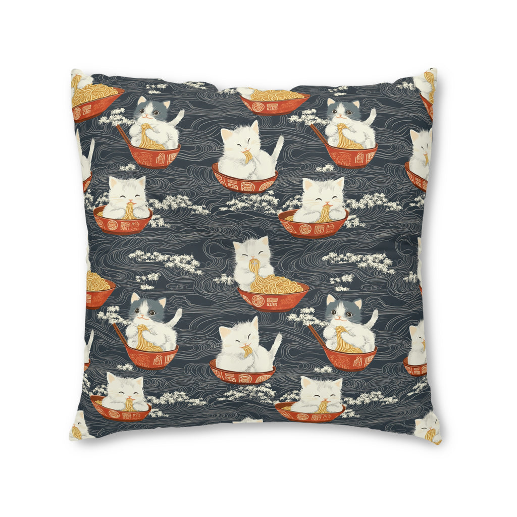 Indoor Square Floor Pillow - An adorable and cute pattern of baby cats happily eating steaming ramen noodles from traditional red and white bowls with beautiful white floral elements surrounding them.