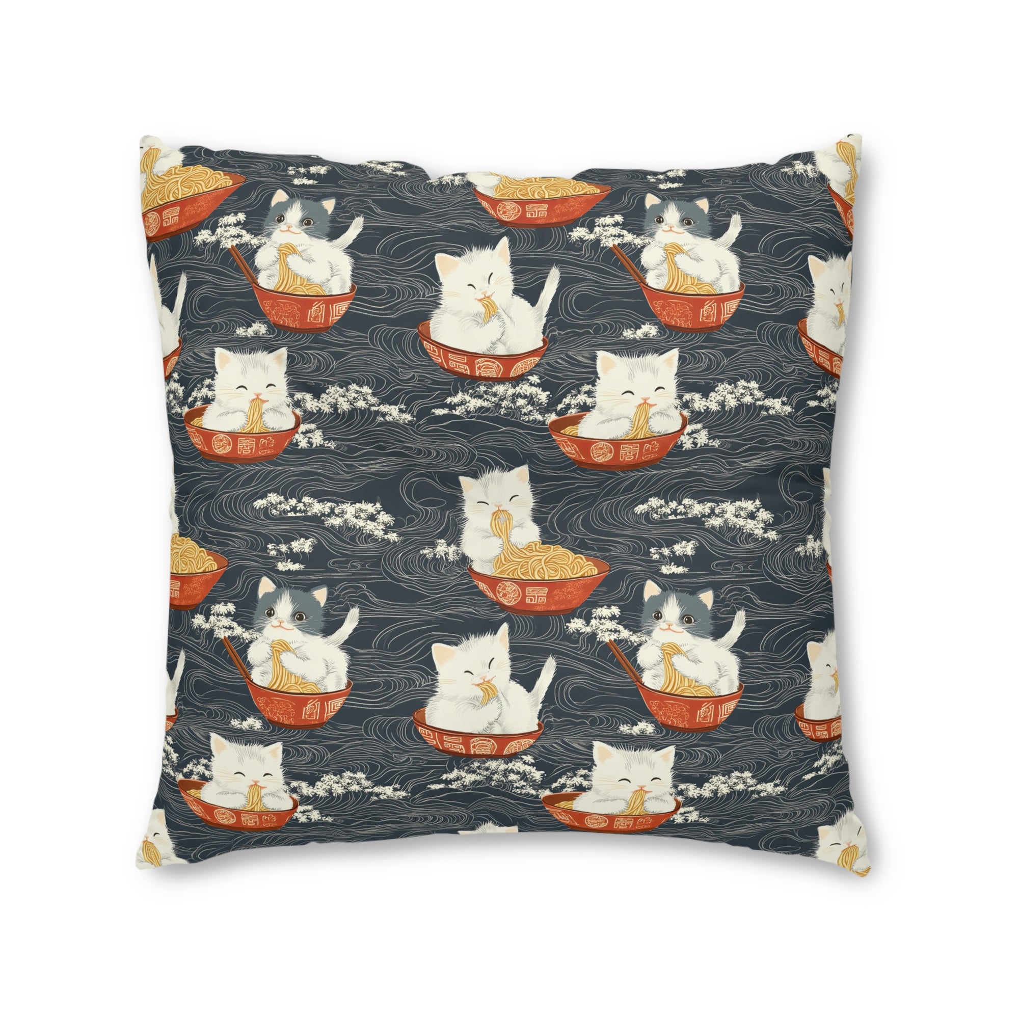 Indoor Square Floor Pillow - An adorable and cute pattern of baby cats happily eating steaming ramen noodles from traditional red and white bowls with beautiful white floral elements surrounding them.