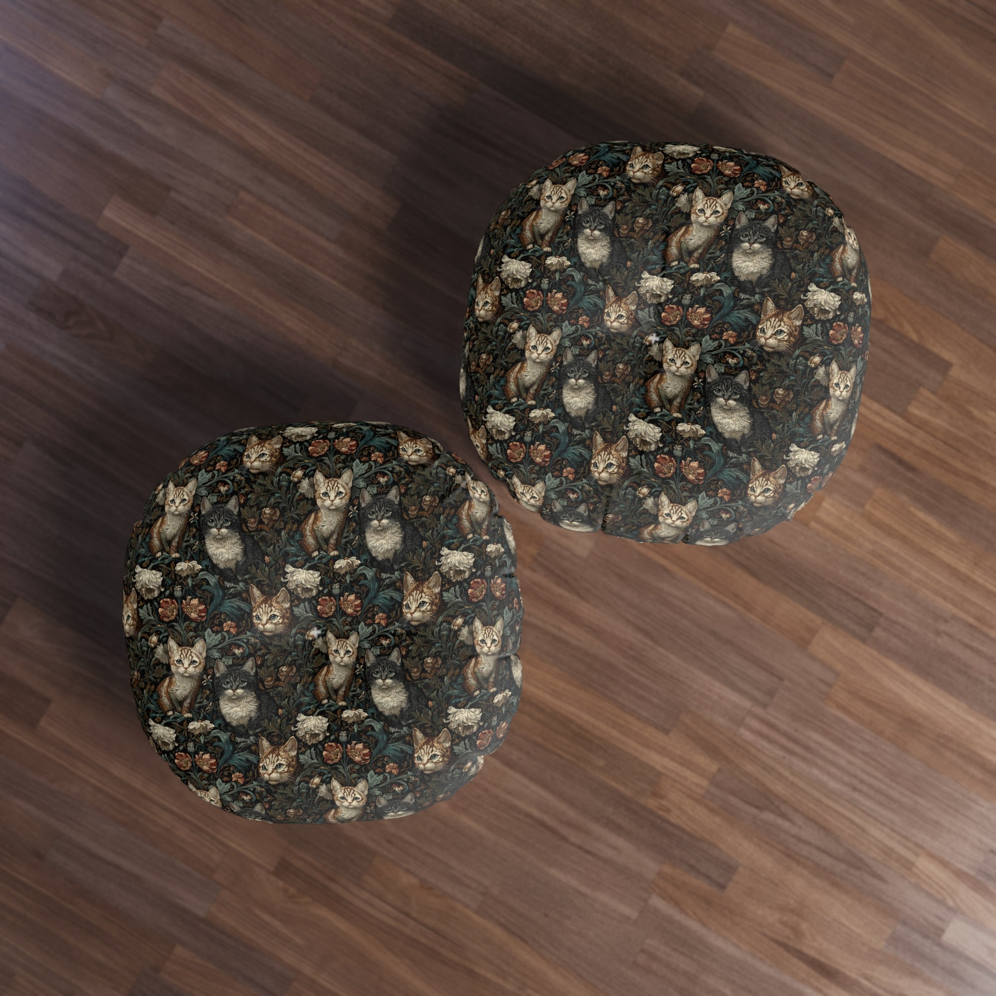Indoor Round Floor Pillow - Brown Tabby Kittens Among Dark Green and Peach Floral Vines, Moody Vintage Style