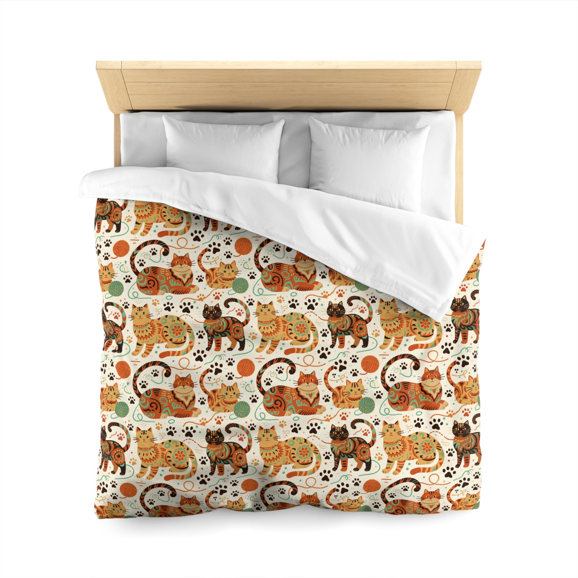 Duvet Cover - Colorful folk art patterned cats, vibrant orange and teal hues, playful felines with yarn and paw prints, bohemian animal illustration, cream background, artistic and cheerful design