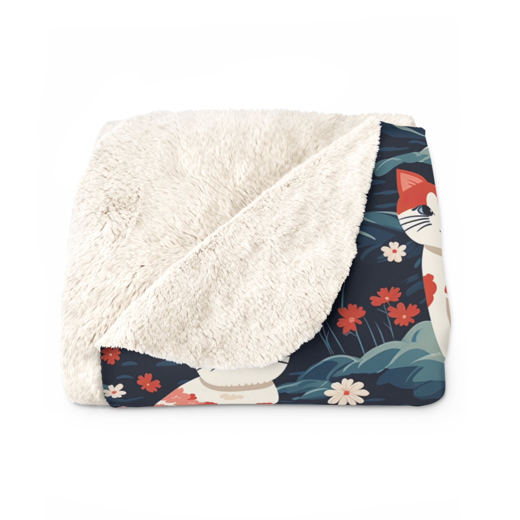 Sherpa Blanket - A serene and sweet Japanese landscape pattern featuring multicolored cats relaxing within a tranquil field of red and white flowers and gentle blue hills.