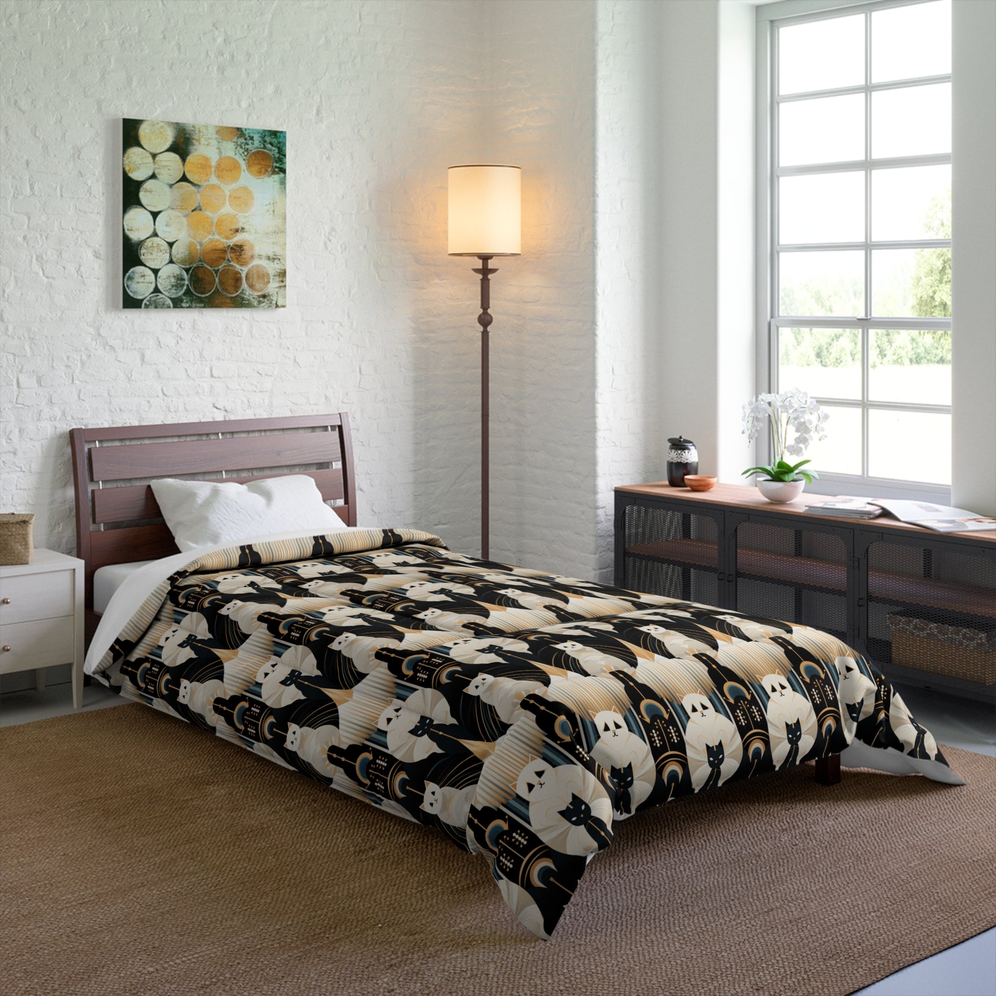 Comforter - An elegant and artistic Art Deco-style pattern featuring streamlined white cats with a striking geometric backdrop of golden and black lines and shapes.