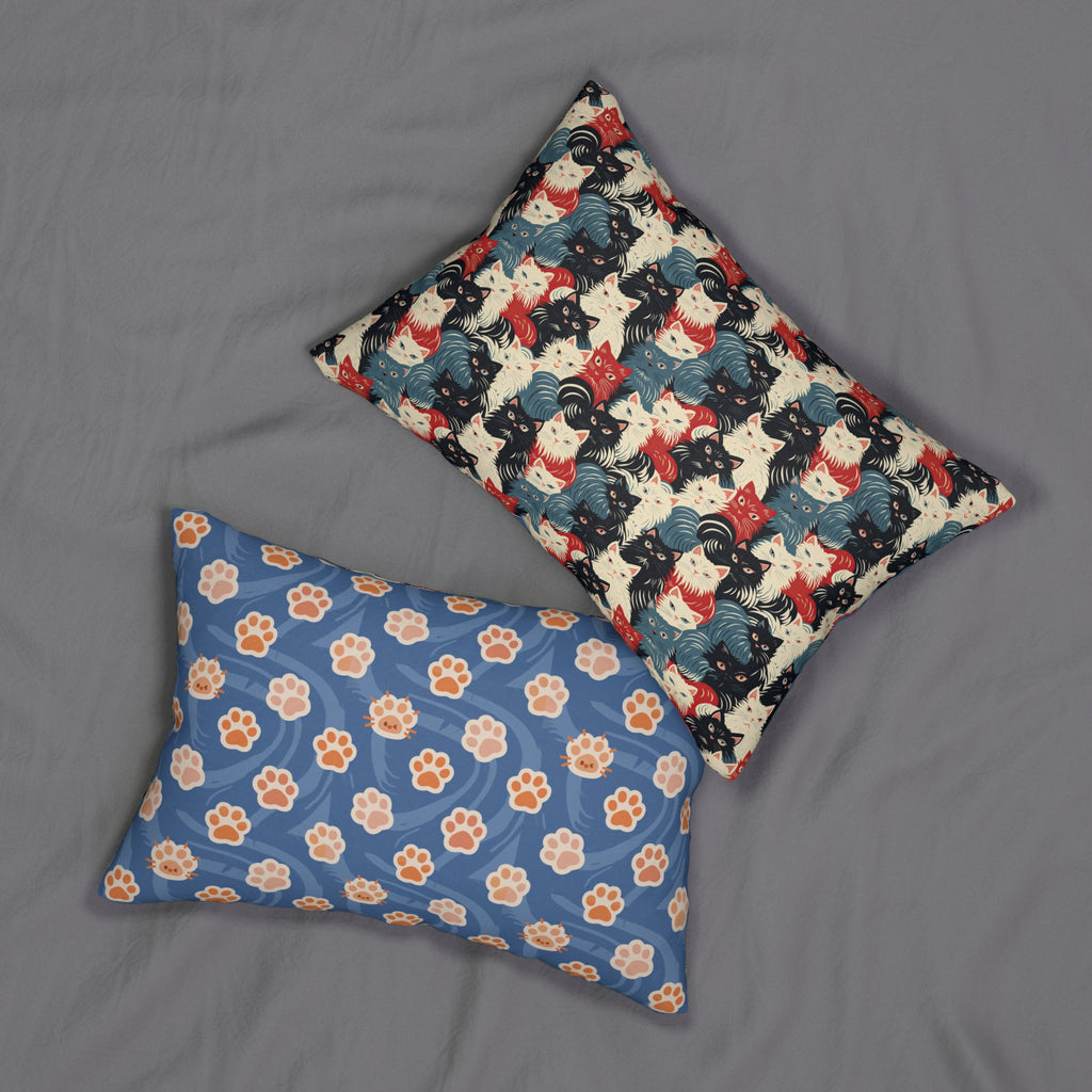 Indoor Lumbar Pillow - A bold and graphic pop art style illustration featuring a tight-knit cluster of various fluffy felines in black, white, red, and blue.