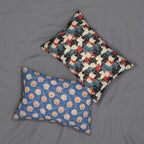 Indoor Lumbar Pillow - A bold and graphic pop art style illustration featuring a tight-knit cluster of various fluffy felines in black, white, red, and blue.