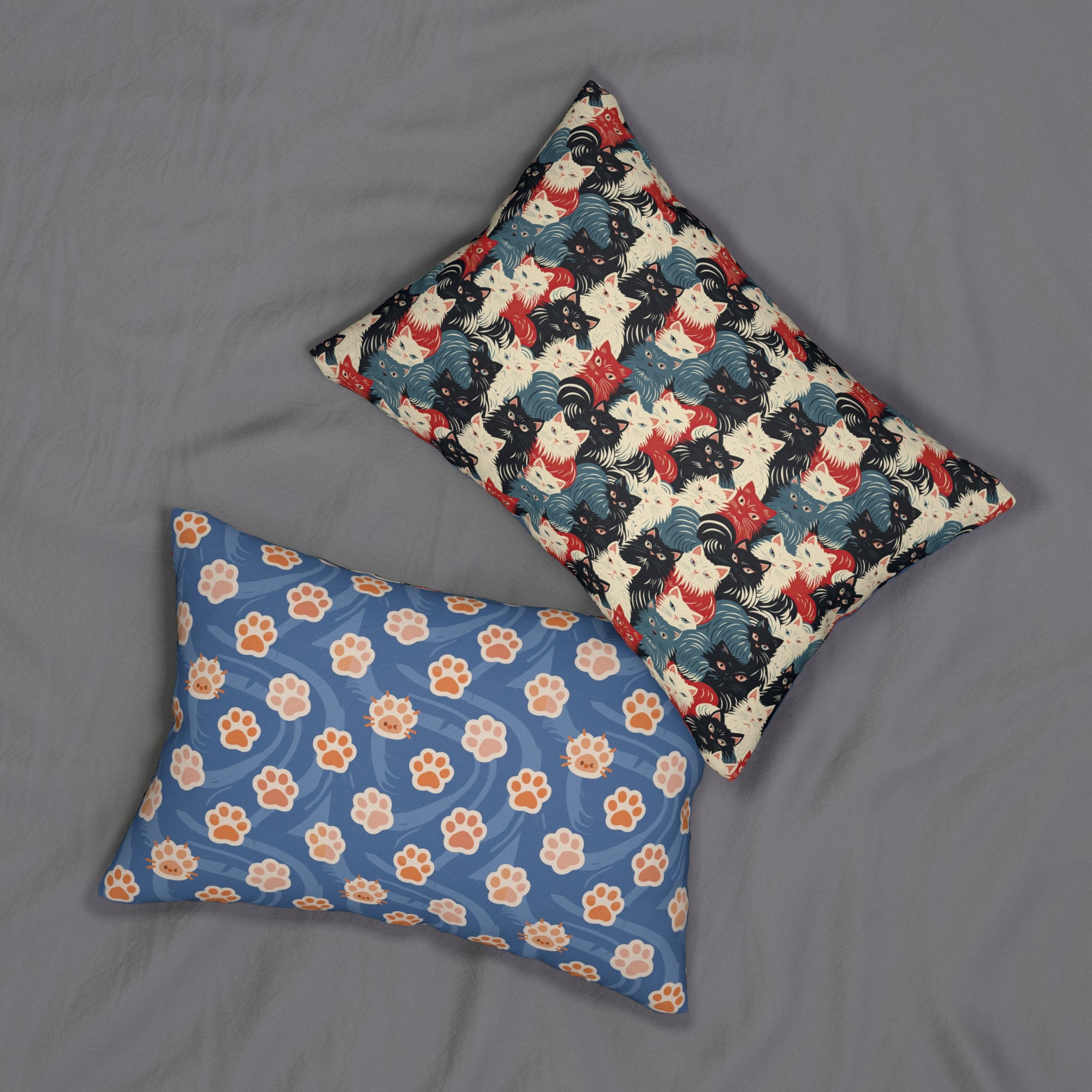 Indoor Lumbar Pillow - A bold and graphic pop art style illustration featuring a tight-knit cluster of various fluffy felines in black, white, red, and blue.