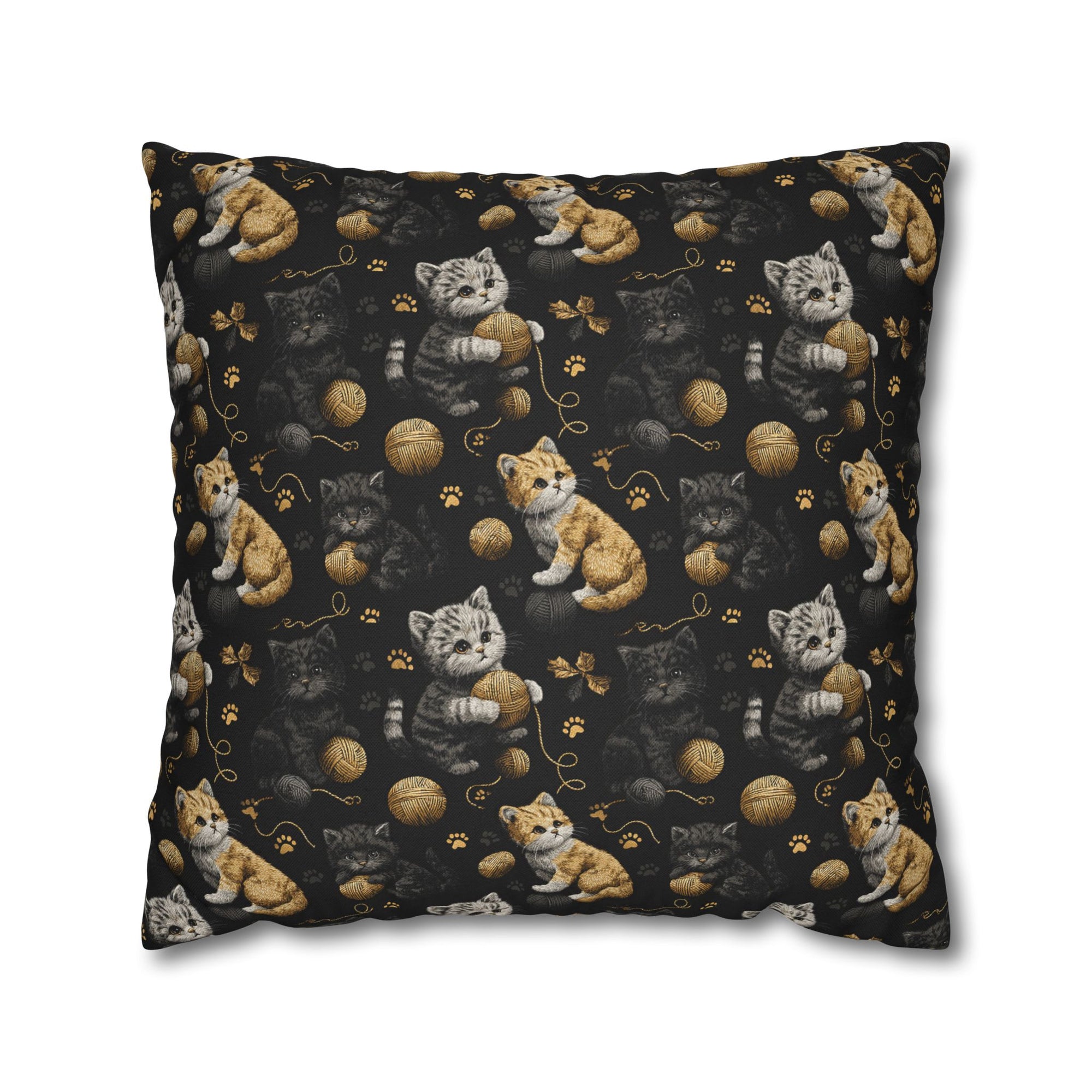 Square Pillowcase - Assorted Cute Kittens with Colorful Yarn Balls and Paw Prints on a Black Backdrop