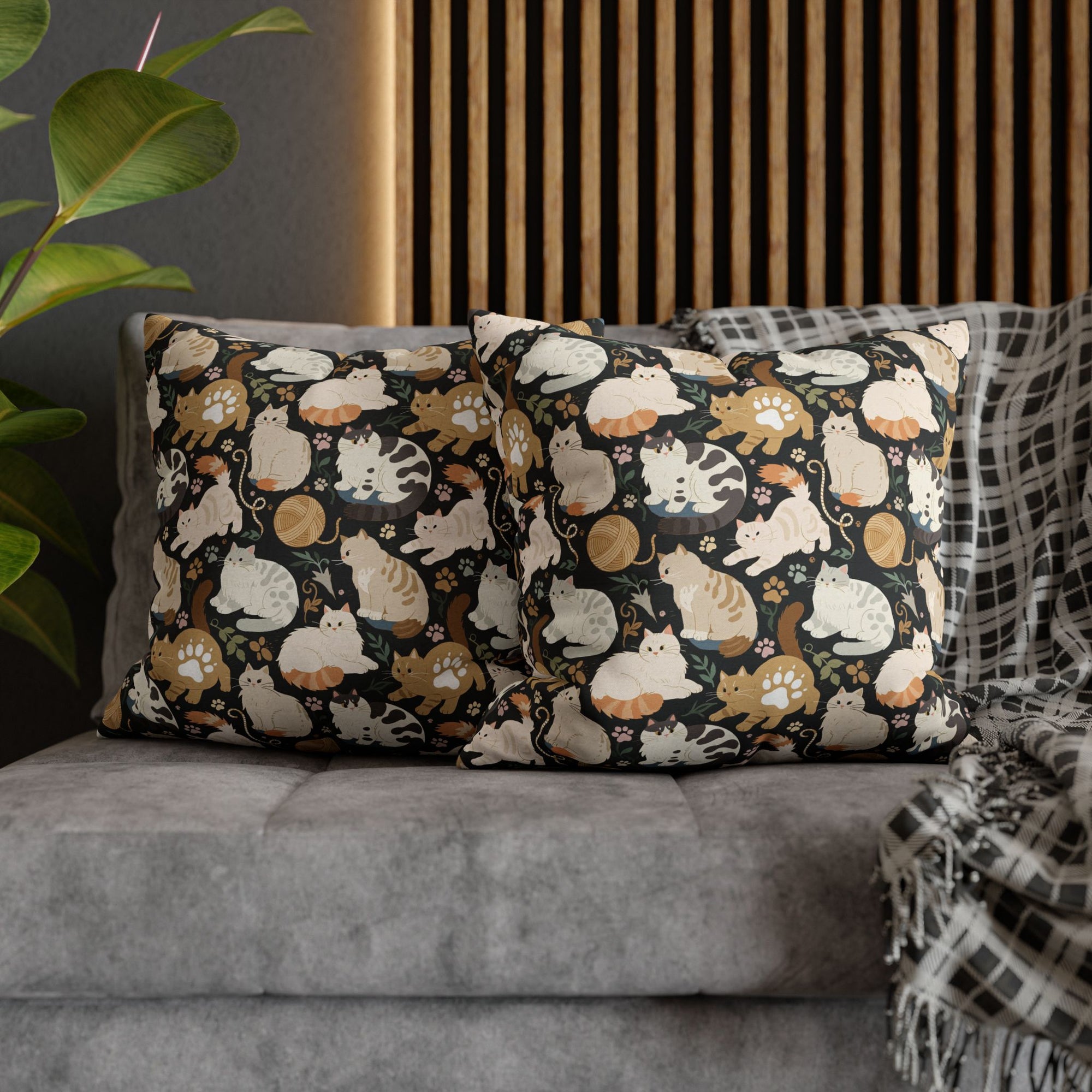 Square Pillowcase - Diverse cats and kittens in a dark garden, various breeds and colors, soft natural tones with foliage and paw prints, charming animal illustration, dark background, gentle pet themed art