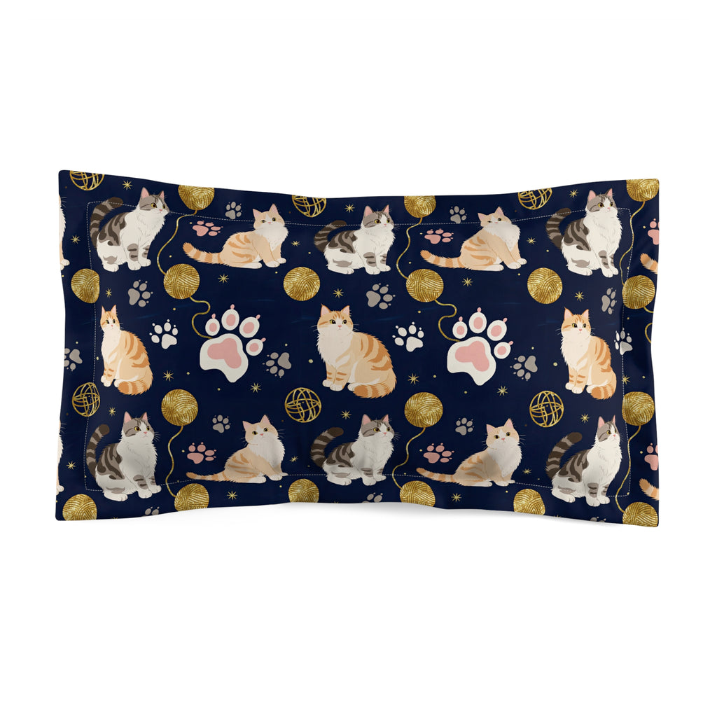 Pillow Sham - Charming cats and golden yarn playful design, cute kittens with paw prints, whimsical animal art for cat lovers, dark blue background, delightful pet themed illustration