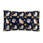 Pillow Sham - Charming cats and golden yarn playful design, cute kittens with paw prints, whimsical animal art for cat lovers, dark blue background, delightful pet themed illustration