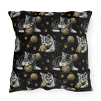 Outdoor Pillow - Grey and White Kittens Playing with Golden Yarn on a Black Background with Paw Prints