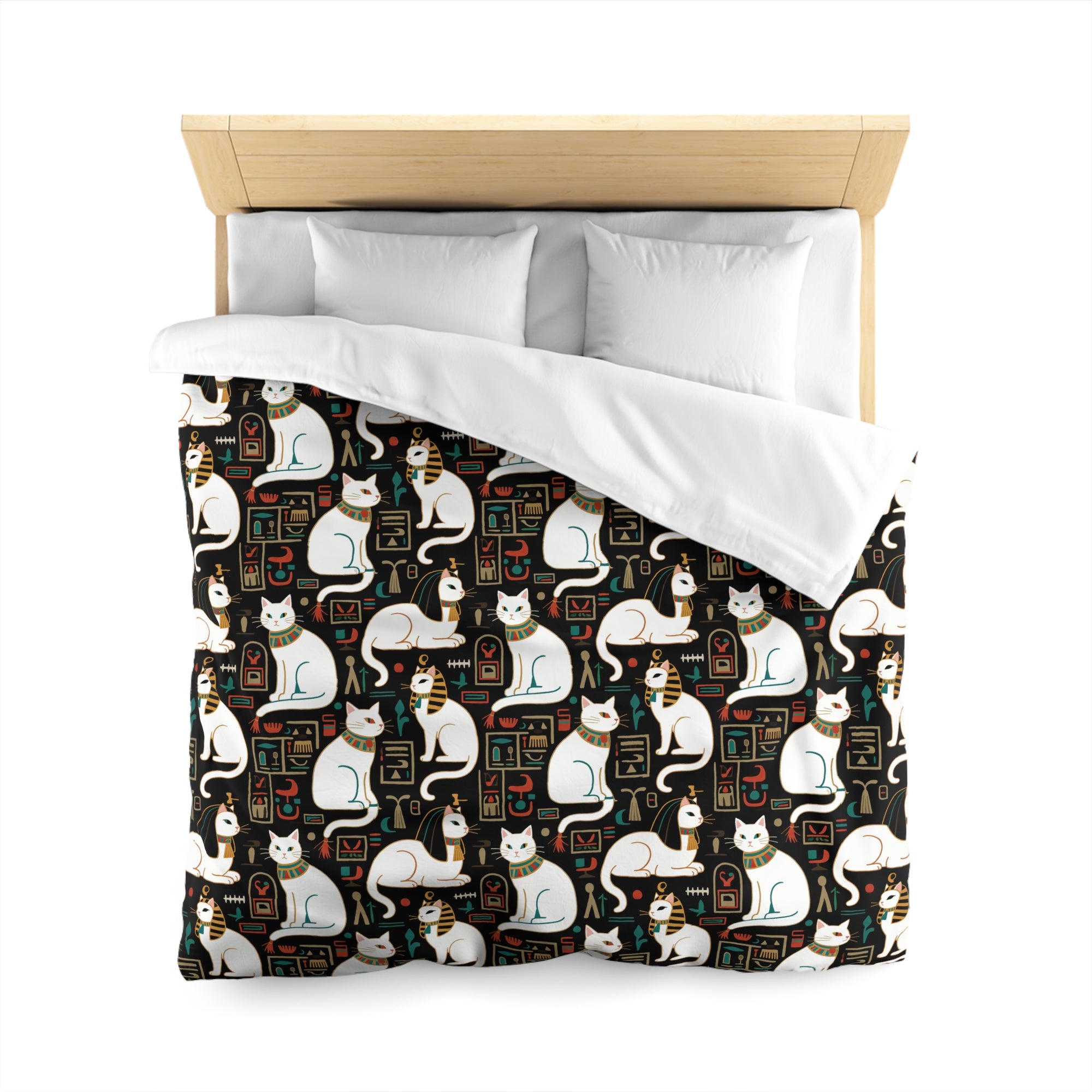 Duvet Cover - Regal White Egyptian Cats with Ornate Collars and Ancient Symbols Adorn this Historically Inspired and Mystical Pattern