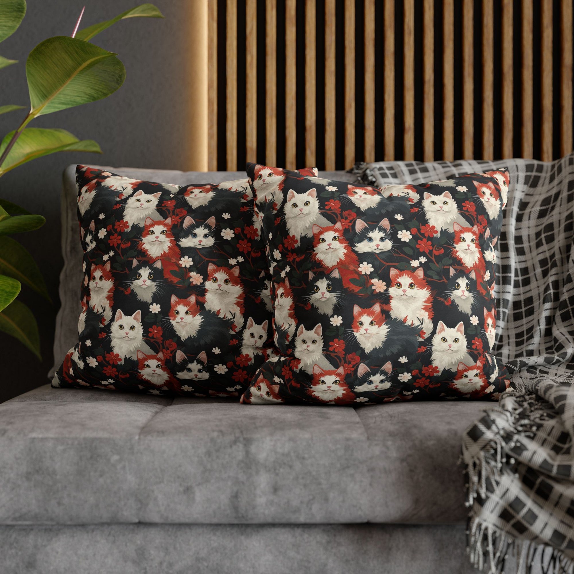 Square Pillowcase - A detailed and ornate Victorian-style pattern featuring a tight grouping of fluffy cats of various colors surrounded by black and red flowers and leaves.