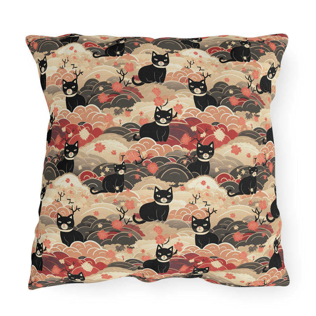 Outdoor Pillow - A whimsical and enchanting Japanese-style pattern featuring cute black and orange cats nestled among vibrant orange blossoms and soft, cloudy backgrounds.