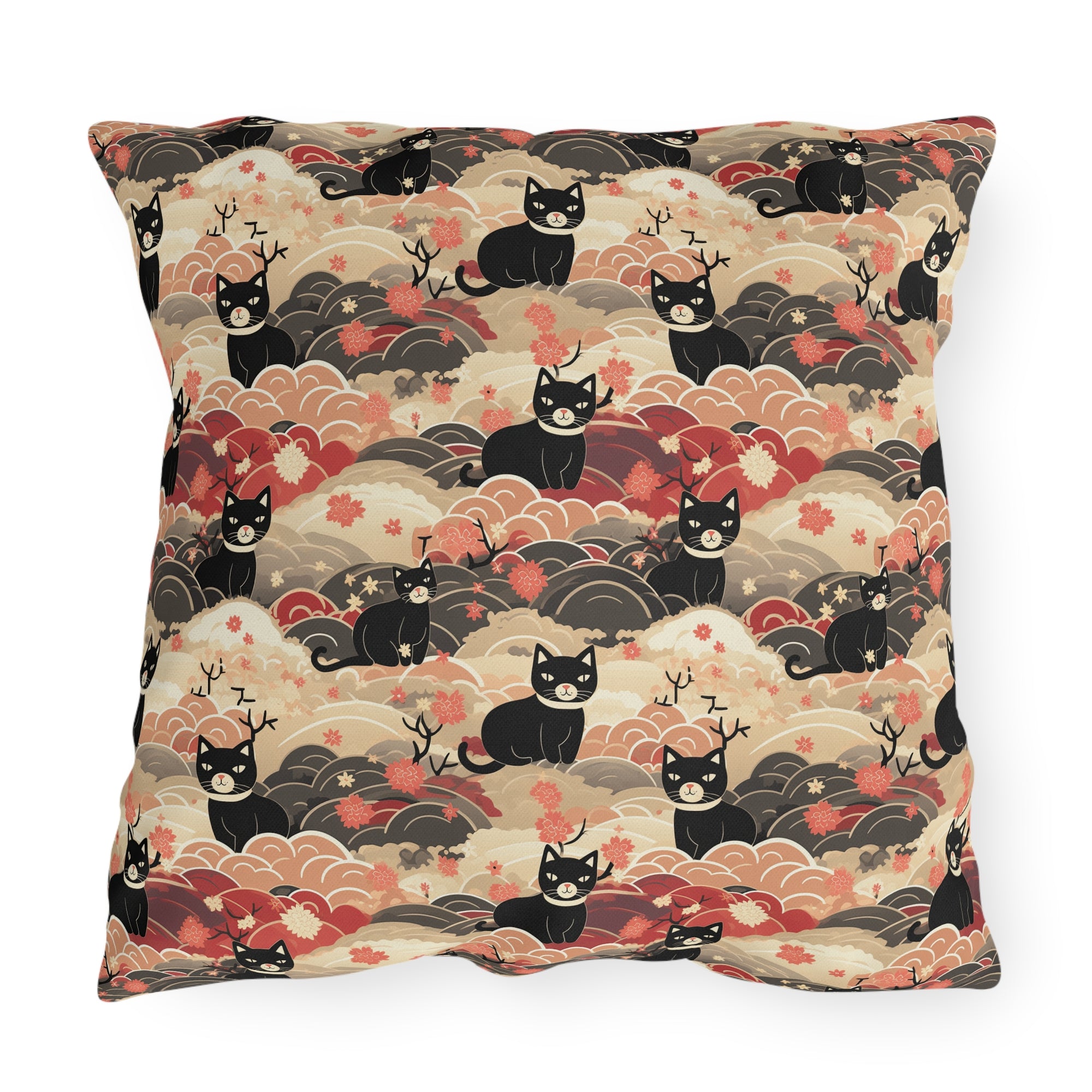 Outdoor Pillow - A whimsical and enchanting Japanese-style pattern featuring cute black and orange cats nestled among vibrant orange blossoms and soft, cloudy backgrounds.