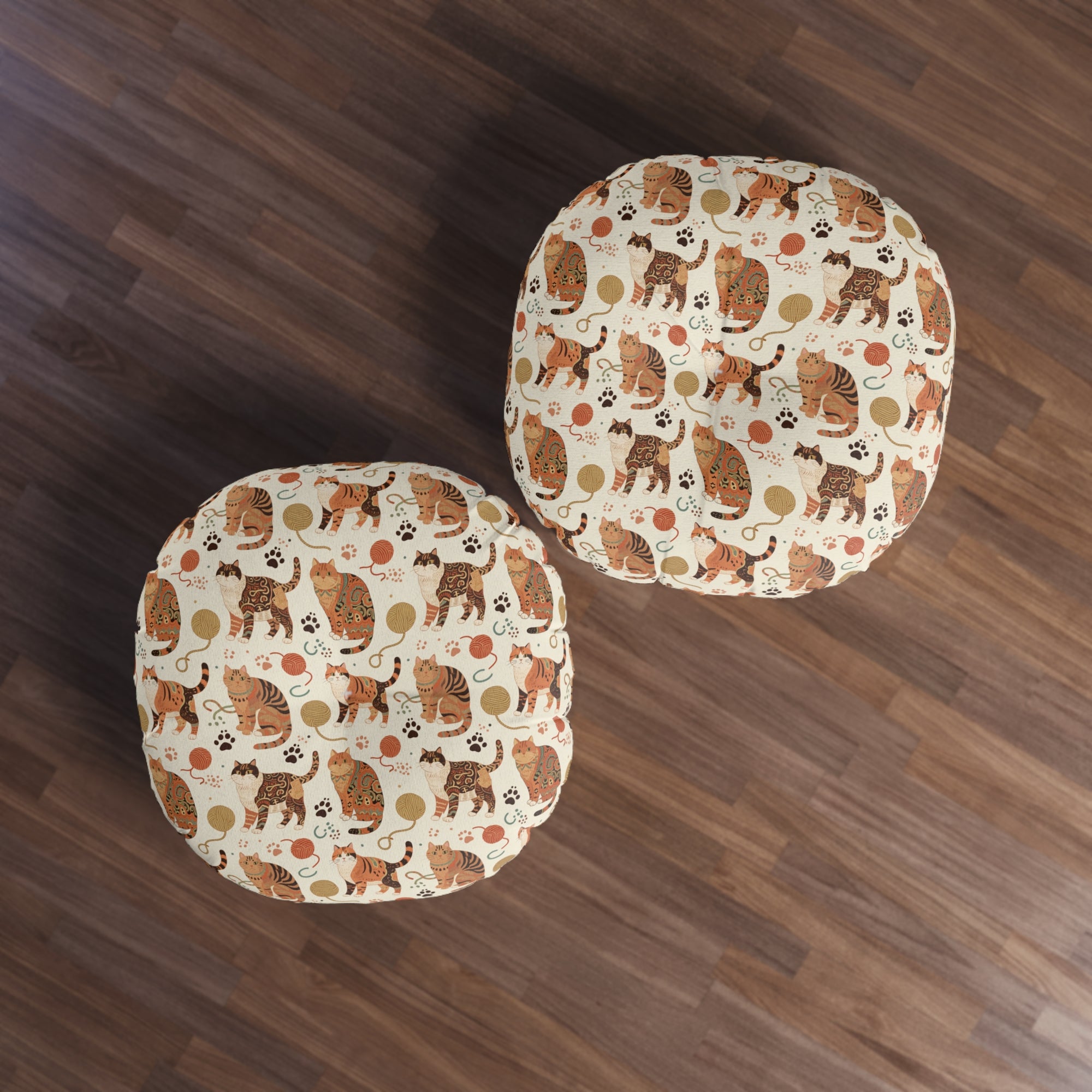 Indoor Round Floor Pillow - Artistic patterned cats in warm earth tones, unique tribal and folk art designs, playful felines with yarn and paw prints, bohemian animal print, cream background, creative cat art