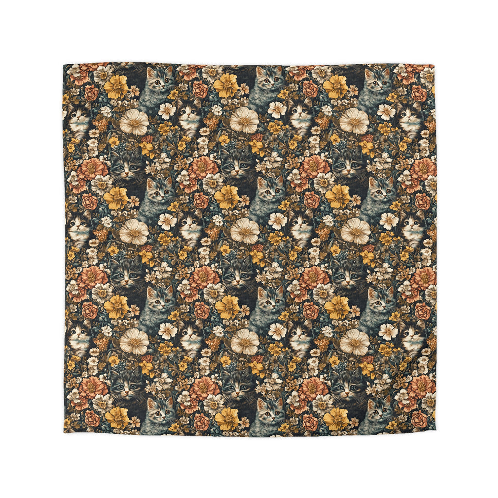 Duvet Cover - Grey Tabby Kittens Among Yellow and Peach Flowers, Moody Vintage Botanical Illustration