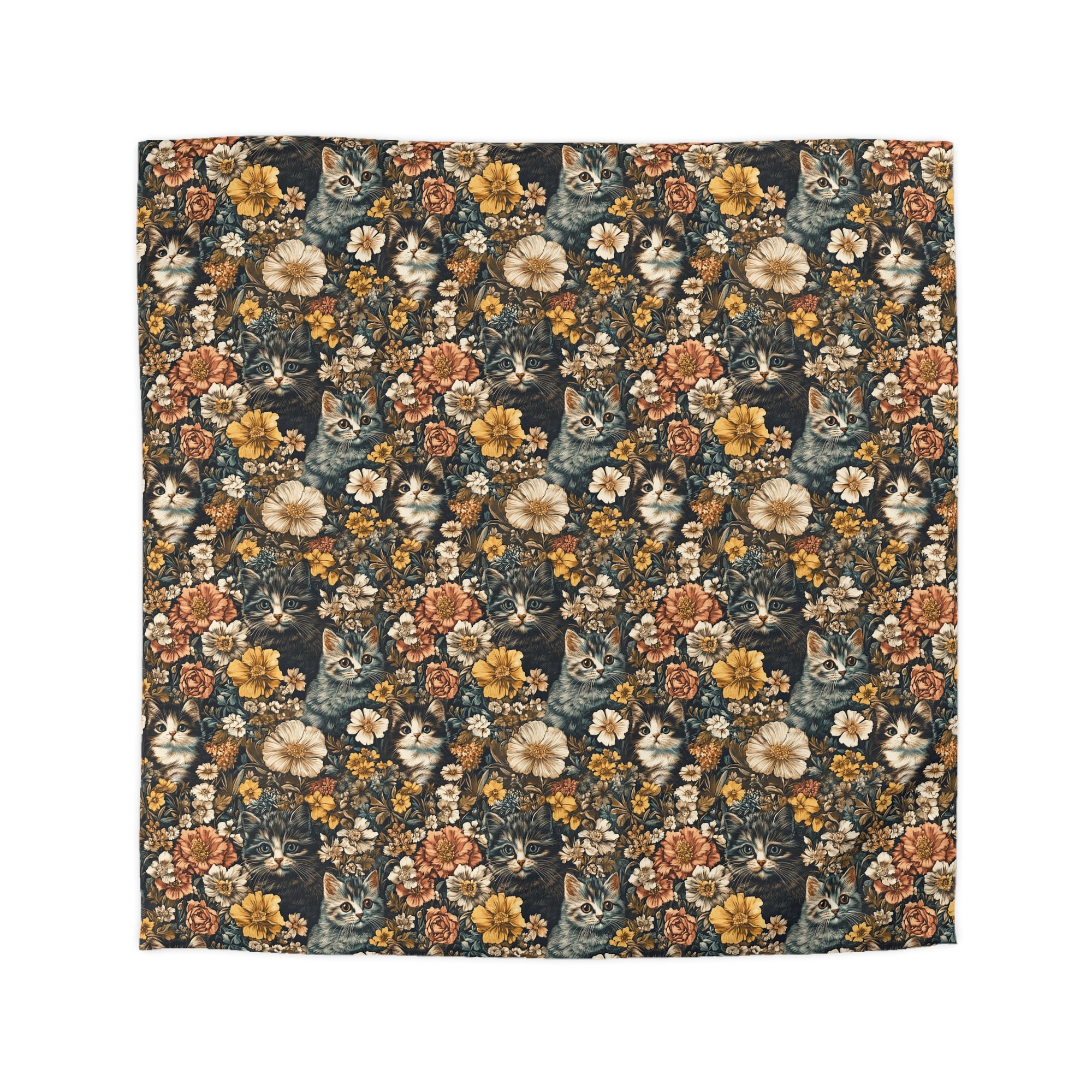 Duvet Cover - Grey Tabby Kittens Among Yellow and Peach Flowers, Moody Vintage Botanical Illustration