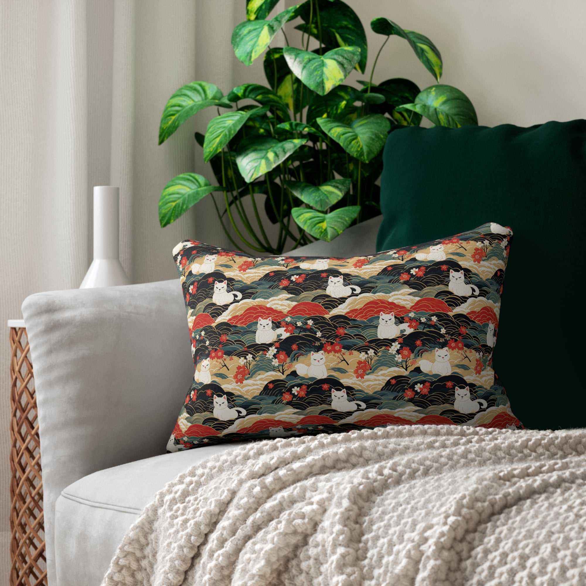 Indoor Lumbar Pillow - A beautiful, Japanese-inspired illustration of tranquil white cats resting on rolling clouds with vibrant red and white cherry blossoms.