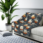 Sherpa Blanket - An adorable and cute pattern of baby cats happily eating steaming ramen noodles from traditional red and white bowls with beautiful white floral elements surrounding them.