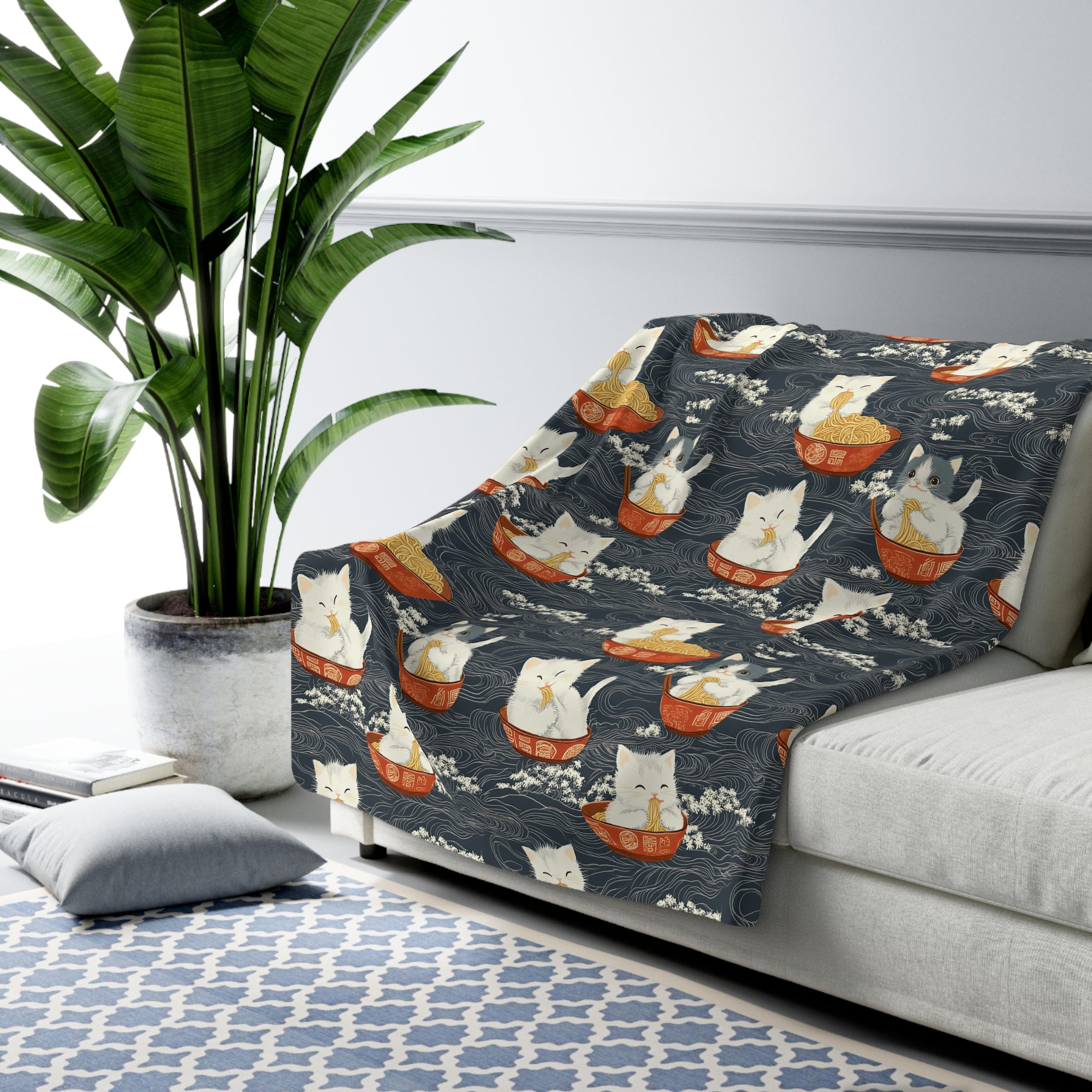 Sherpa Blanket - An adorable and cute pattern of baby cats happily eating steaming ramen noodles from traditional red and white bowls with beautiful white floral elements surrounding them.