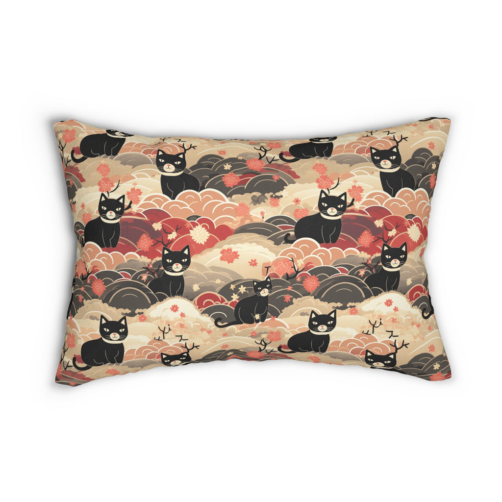 Indoor Lumbar Pillow - A whimsical and enchanting Japanese-style pattern featuring cute black and orange cats nestled among vibrant orange blossoms and soft, cloudy backgrounds.