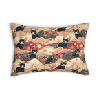 Indoor Lumbar Pillow - A whimsical and enchanting Japanese-style pattern featuring cute black and orange cats nestled among vibrant orange blossoms and soft, cloudy backgrounds.