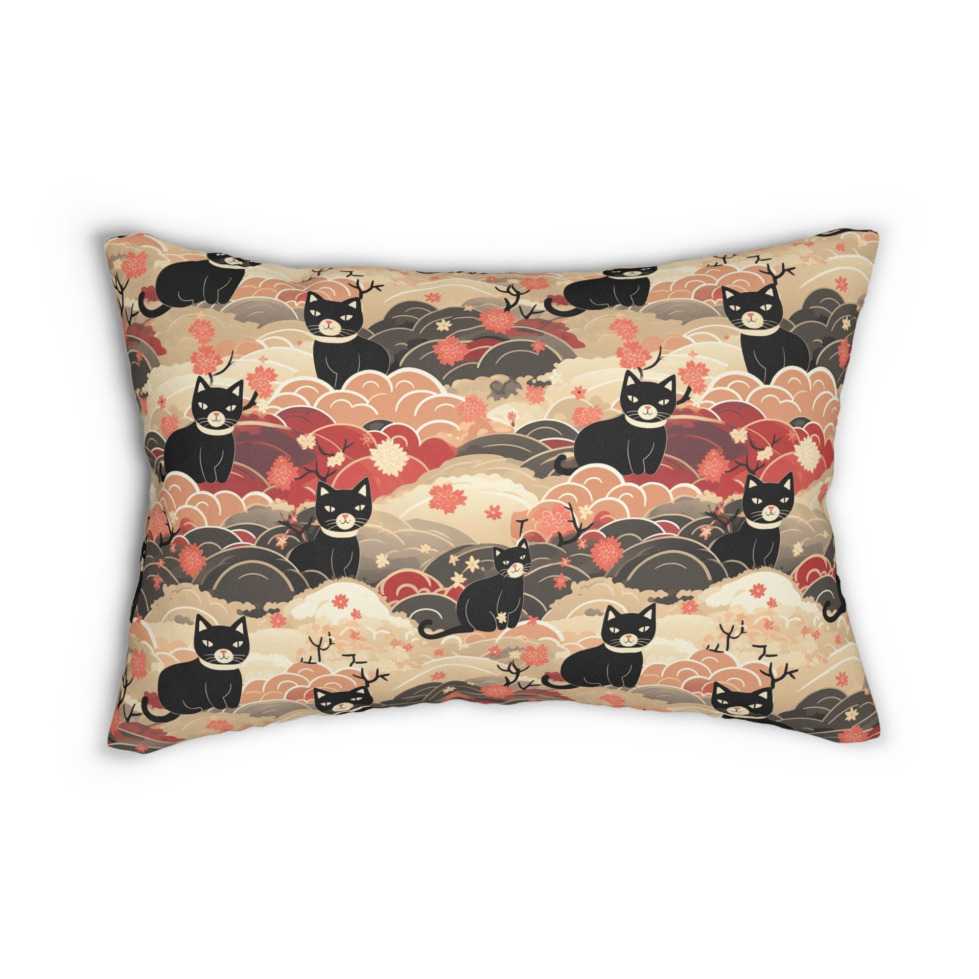 Indoor Lumbar Pillow - A whimsical and enchanting Japanese-style pattern featuring cute black and orange cats nestled among vibrant orange blossoms and soft, cloudy backgrounds.