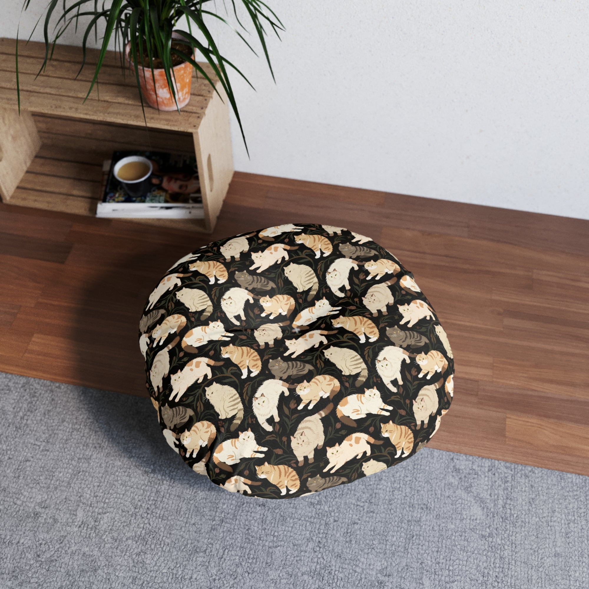 Indoor Round Floor Pillow - Earthy Toned Cats Lounge and Play Amidst Dark Foliage in a Serene and Naturally Inspired Seamless Pattern Design