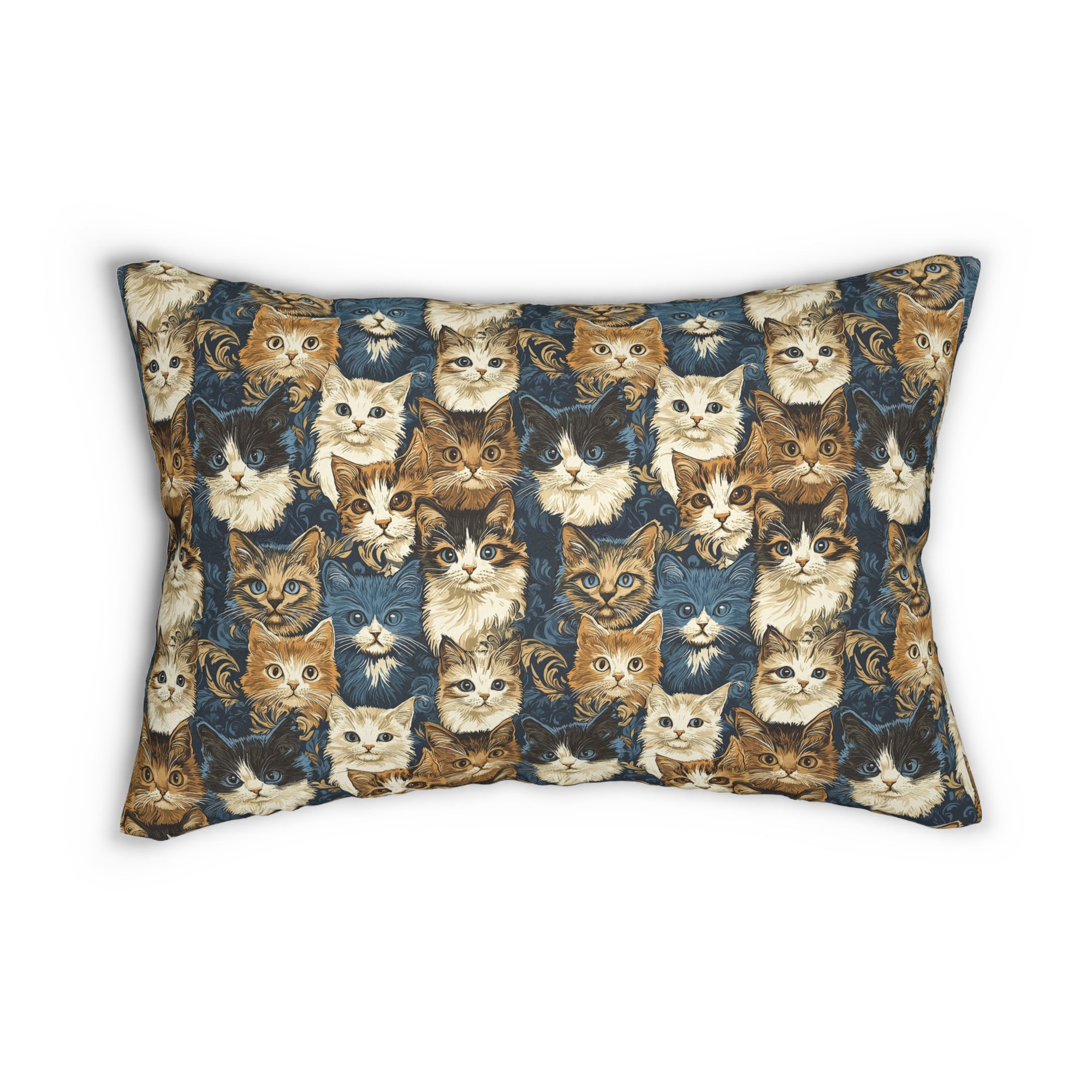 Indoor Lumbar Pillow - Blue Eyed Cats with Brown and White Fur on a Deep Blue Damask Background