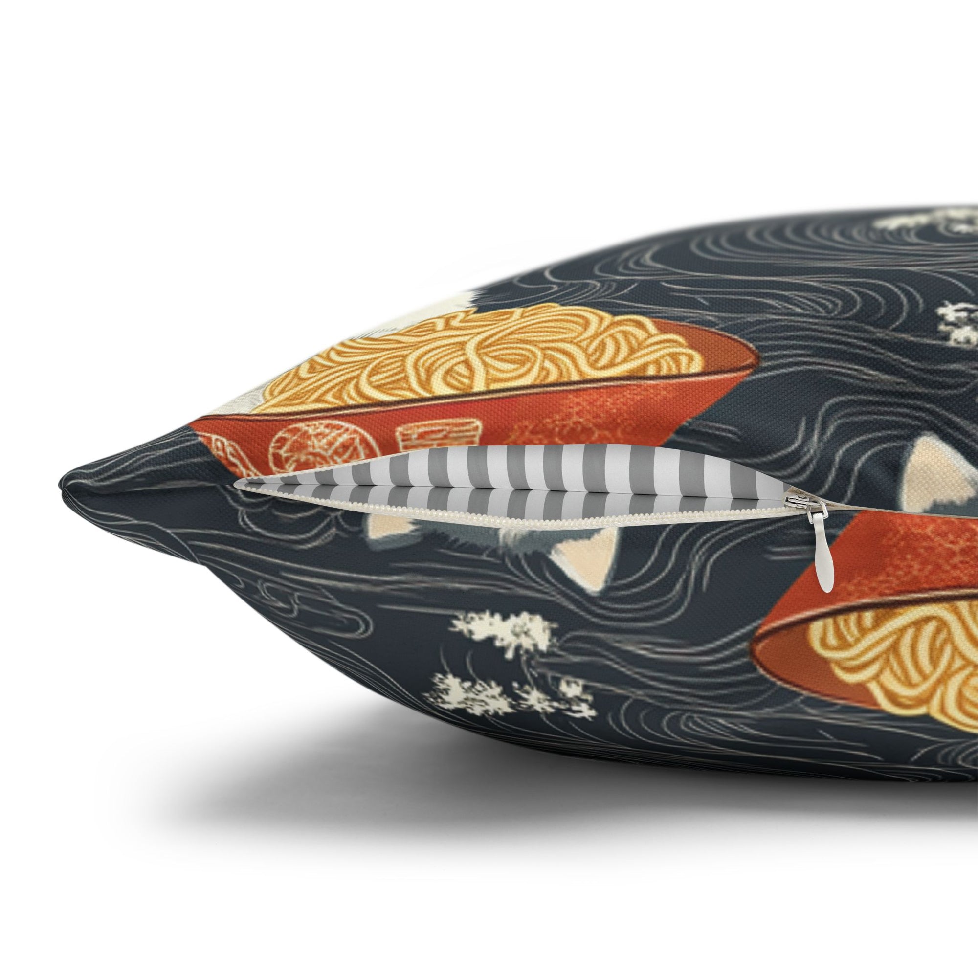 Square Pillowcase - An adorable and cute pattern of baby cats happily eating steaming ramen noodles from traditional red and white bowls with beautiful white floral elements surrounding them.