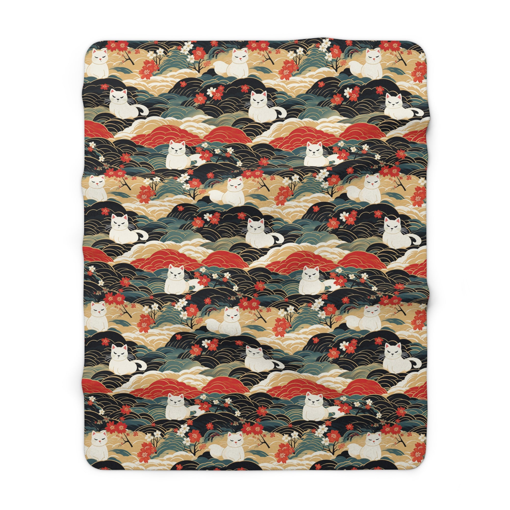 Sherpa Blanket - A beautiful, Japanese-inspired illustration of tranquil white cats resting on rolling clouds with vibrant red and white cherry blossoms.