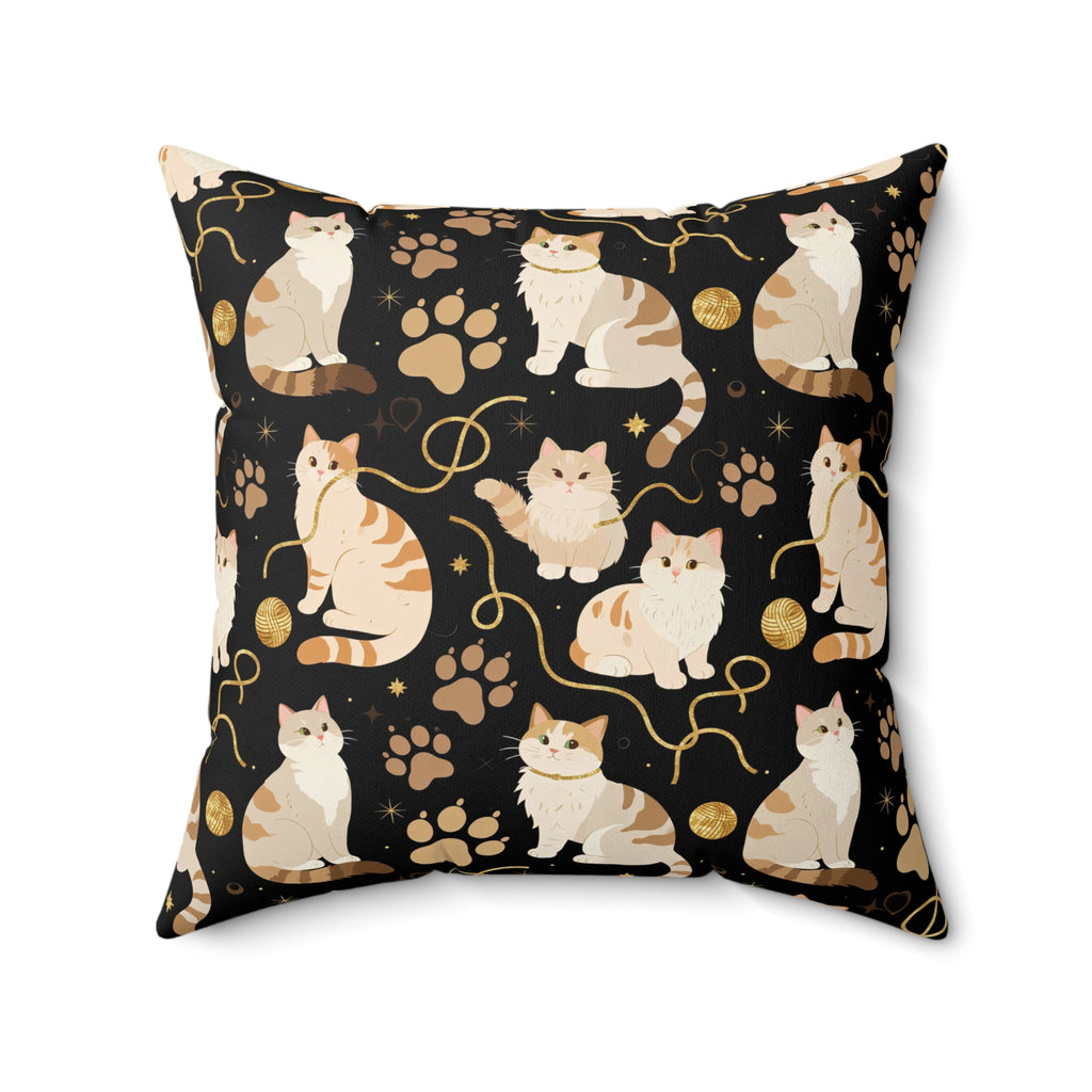 Indoor Square Pillow - Elegant felines and sparkling gold yarn on black, adorable cats with golden paw prints, sophisticated pet motif, charming animal pattern, cozy and warm artistic illustration