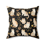 Indoor Square Pillow - Elegant felines and sparkling gold yarn on black, adorable cats with golden paw prints, sophisticated pet motif, charming animal pattern, cozy and warm artistic illustration